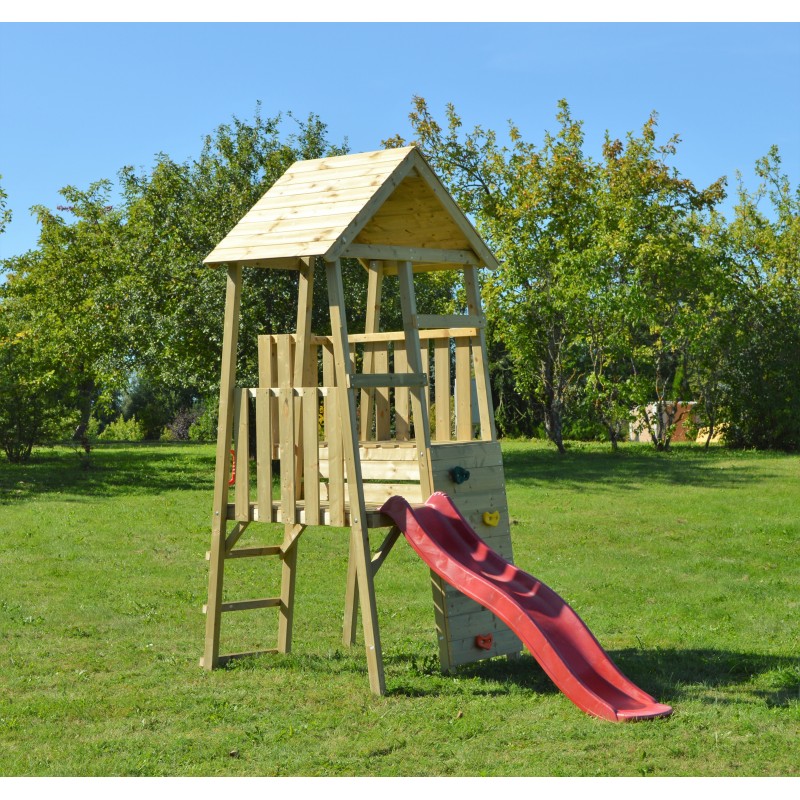 Casetta in legno con Torre da gioco con scivolo rosso bambini per giardino